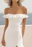 Off The Shoulder Witte Chiffon Gegolfde Vakantie Jurk
