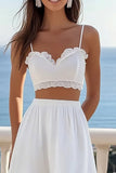 A Line 2-delige gegolfde chiffon witte afstudeerjurk