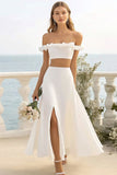 Off The Shoulder Witte 2-delige Gegolfde Trouwjurk met Split