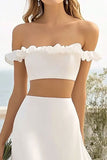 Off The Shoulder Witte 2-delige Gegolfde Trouwjurk met Split