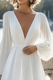 A Line Witte Lange Mouwen Chiffon Afstuderen Jurk