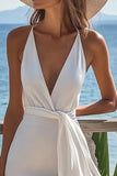 Bodycon Witte V-hals Side Streamer afstudeerjurk