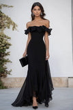 Zwarte off-shoulder lange formele jurk