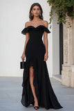 Zwarte chiffon off-shoulder formele jurk met split