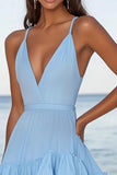 Ruffle Sky Blue A Line Spaghetti Bandjes Cocktailjurk
