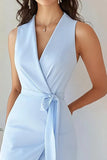 Bodycon hemelsblauwe crêpe werkjurk met V-hals