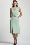 Bodycon V-hals mintgroene werkjurk met riem