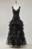 Gegolfde Organza High-Low Zwarte Formele Jurk