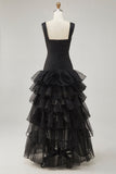 Zwarte organza A-lijn high-low formele jurk met ruches