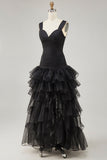Zwarte organza A-lijn high-low formele jurk met ruches
