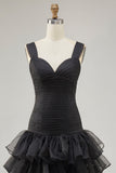 Zwarte organza A-lijn high-low formele jurk met ruches