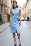 Hemelsblauwe bodycon midi werkjurk met ruches en gedrapeerd