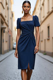 Navy Bodycon Midi werkjurk met vierkante hals en korte mouwen