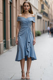 A Line Grijsblauwe off-shoulder midi-werkjurk met ruches en ruches