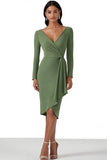 Bodycon Dusty Sage Midi werkjurk met lange mouwen en drapering