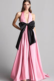 Roze satijnen halter A Line lange formele jurk met strik
