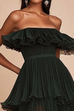 Donkergroene strapless gelaagde lange formele jurk met ruches