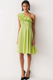 Citroengroene chiffon One Shoulder A Line korte formele jurk met ruches