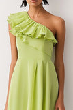 Citroengroene chiffon One Shoulder A Line korte formele jurk met ruches