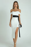 Wit en zwart satijnen Bodycon asymmetrische afstudeerjurk