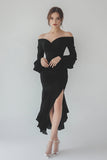 Zwarte chiffon formele jurk met lange mouwen en ruches