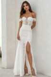 Off The Shoulder Witte Kant Trouwjurk met Split
