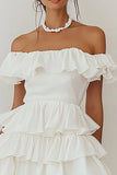 Off The Shoulder Gelaagde A Line Witte Afstuderen Jurk