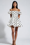 Off The Shoulder Black Dots Witte Mini Jurk