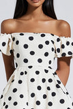 Off The Shoulder Black Dots Witte Mini Jurk