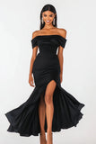 Off the Shoulder Zeemeermin Zwarte Stropdas Jurk met Split