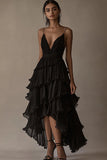 A Line V-hals Black Tie Jurk met Ruches