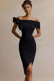 Zwarte satijnen bodycon midi afstudeerjurk