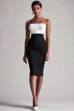 Zwart-witte satijnen strapless bodycon midi-cocktailjurk