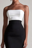 Zwart-witte satijnen strapless bodycon midi-cocktailjurk