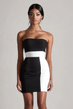 Zwart-wit satijnen strapless bodycon korte afstudeerjurk