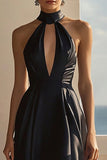 Zwarte chiffon halter hoog-laag afstudeerjurk met sleutelgat