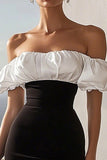 Zwart-witte satijnen bodycon midi cocktailjurk