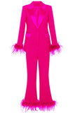 Fuchsia 2-delige piekrevers voor dames galapakken met veer