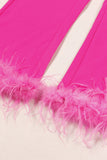 Fuchsia 2-delige piekrevers voor dames galapakken met veer