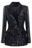 Sprankelende zwarte pailletten piek revers dubbel breasted vrouwen prom blazer