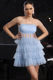 Glitter Blauwe Strapless Korset Gelaagde A Line Cocktailjurk