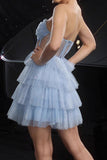Glitter Blauwe Strapless Korset Gelaagde A Line Cocktailjurk