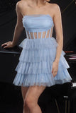 Glitter Blauwe Strapless Korset Gelaagde A Line Cocktailjurk