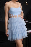 Glitter Blauwe Strapless Korset Gelaagde A Line Cocktailjurk