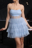 Glitter Blauwe Strapless Korset Gelaagde A Line Cocktailjurk