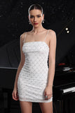 Witte Spaghettibandjes Bodycon Cocktailjurk met Parels