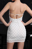 Witte Spaghettibandjes Bodycon Cocktailjurk met Parels