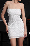Witte Spaghettibandjes Bodycon Cocktailjurk met Parels
