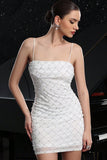 Witte Spaghettibandjes Bodycon Cocktailjurk met Parels