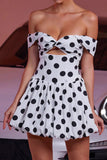 Off The Shoulder Witte Zwarte Dots A Line Cocktailjurk